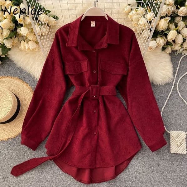 Neploe Chic Sashes Slim Waist Women Blouse 2021 Autumn Elegant Turn-down Collar Femme Blusas Solid Color Single Breasted Shirt 210317
