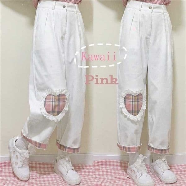 Japanese Harajuku Wild Cute Soft sister Casual Corduroy Kawaii Straight Pants Teen Girls Love Heart Patch Loose Students 211124