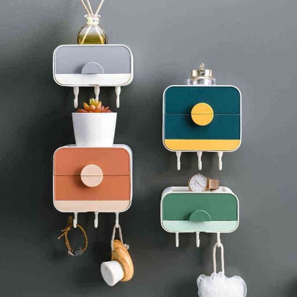 Bathroom Storage Soap Dish Drain Soap Box Hook Seamless Wall Hanging Double-layer Plastic Box Multi-function Rack Free Punching 211119
