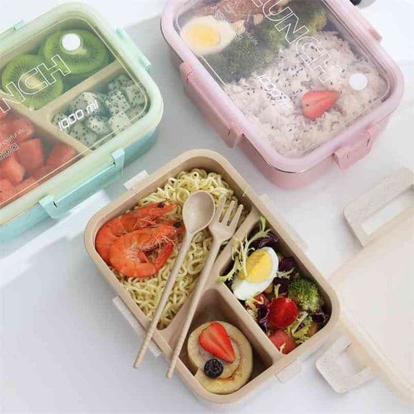 with Tableware Portable Microwave Lunch Box Leakproof Food Bento Health Env-protection Wheat Straw Stainless Steel 210423