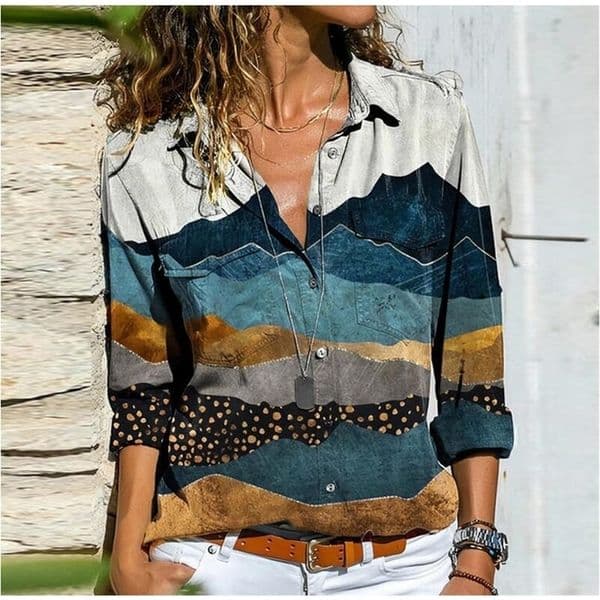 Women Retro Colorful Print Buttons Blouse Shirt Autumn Long Sleeve Turn-down Collar Ladies Top Streetwear Casual Plus Size Blusa 210317
