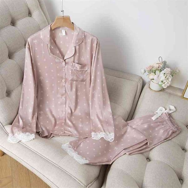 Home Clothes Women's Summer Two Piece Suit Pajamas Ice Silk Satin Thin Outwear Print Lace Pyjamas Sleep Wear Lounge Set 210924