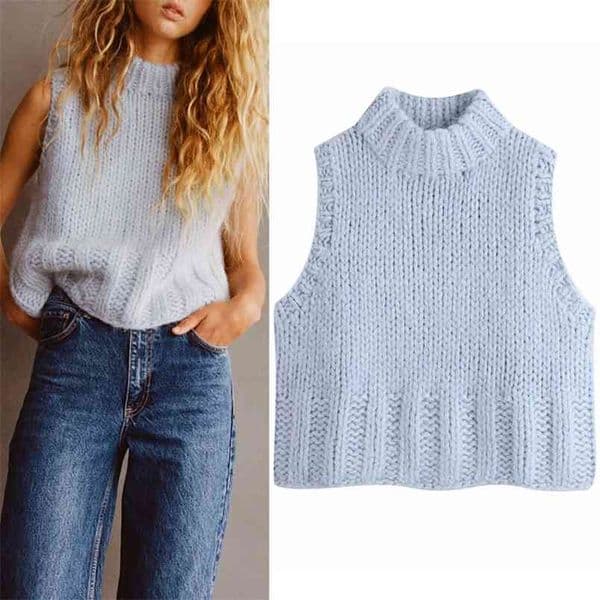 Blue Cropped Knitted Sweater Vest Women Autumn Winter O Neck Sleeveless Vintage Woman Fashion Casual Sweatervest 210519