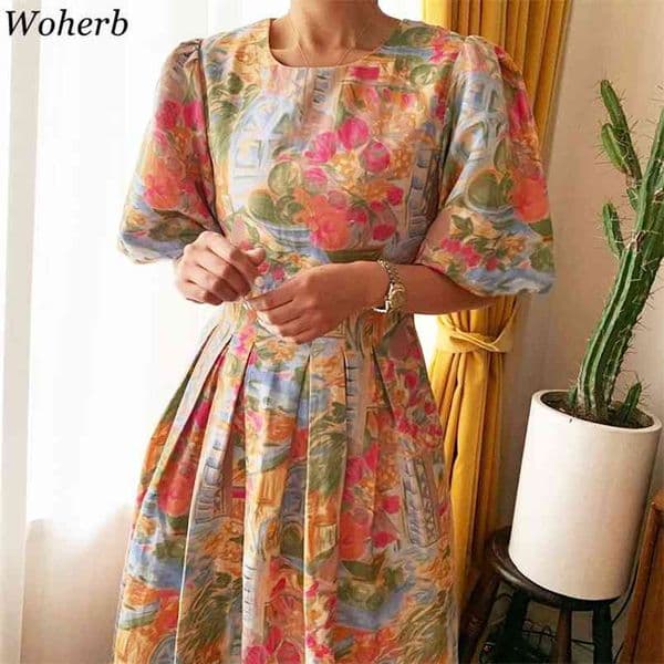 Summer Vestidos Korean Floral Oil Print Puff Sleeve Dress Women Retro Elegant Temperament Pleated Slim Waist Midi Dresses 210519