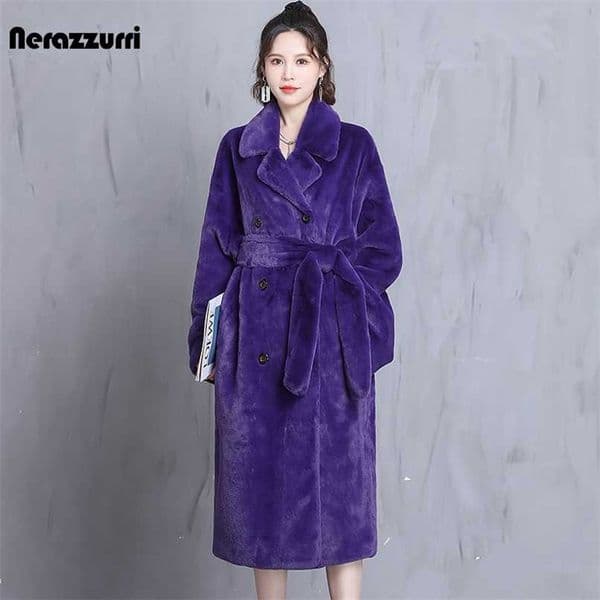 Nerazzurri Winter Oversized Purple Warm Fluffy Soft Faux Fur Coat Women long Sleeve Belt Runway Loose Casual Korean Fashion 211129