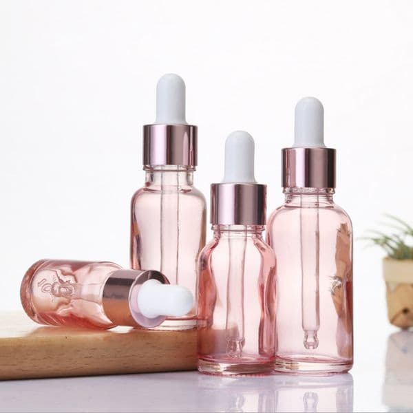 wholesale Cherry Pink Glass Essential Oil Perfume Bottle Liquid Reagent Pipette Dropper Bottles with Rose Gold Cap 10-50ml