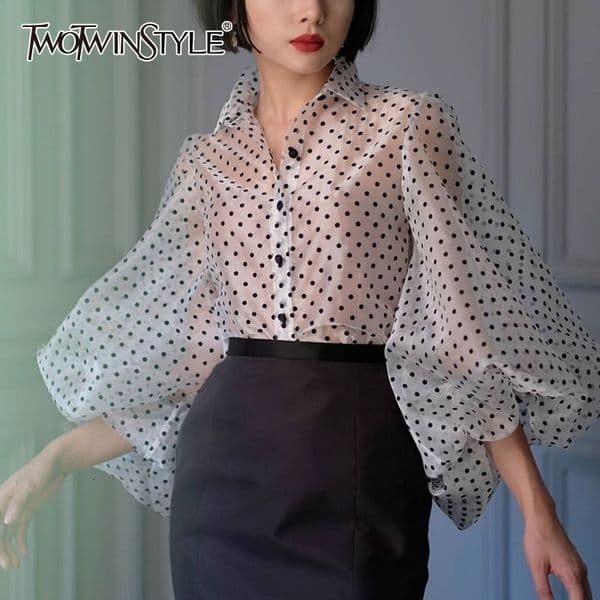 TWOTWINSTYLE Vintage Polka Dot Long Puff Sleeve Womens Tops and Blouses Plus Size Sheer Shirts Summer Clothes Ladies Korean 210317