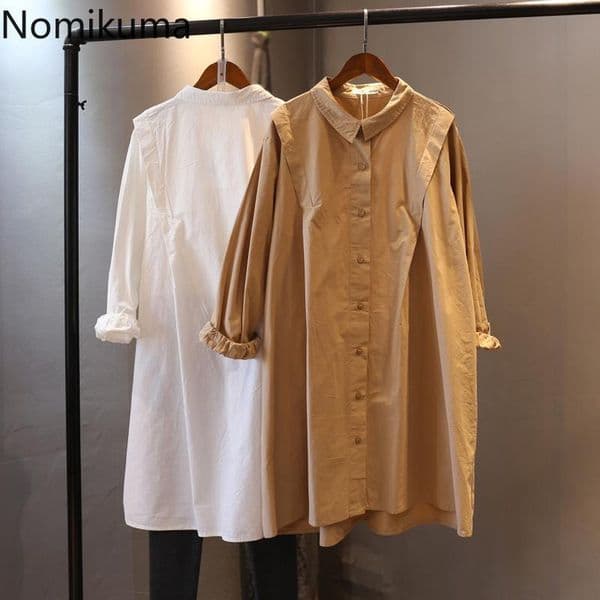 Nomikuma Causal Oversized Spring Womrn Medium-long Blouses Korean Long Sleeve Turn-down Collar Shirt New Blusas Top 6F604 210427