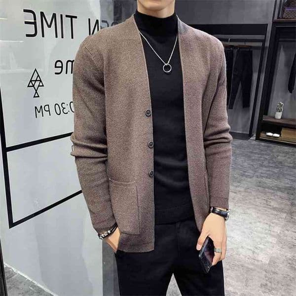 Autumn Cardigan Men Clothing Fashion Button Decor Korean Sweater Men Front Pocket Loose Casual Mens Cardigan 3Color 3XL 210818