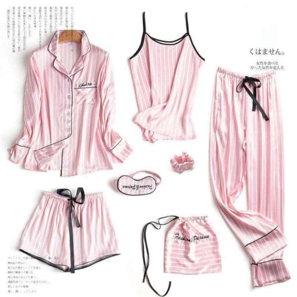 JULY'S SONG Pink 7 Pieces Women's Pajamas Sets Faux Silk Striped Pyjama Women's Pajamas Sleepwear Sets Spring Summer Homewear 210928