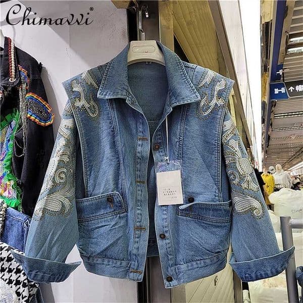 Women Long Sleeve Blue Denim Jacket Early Spring Embroidery Lapel Single-breasted Short Coat 211014