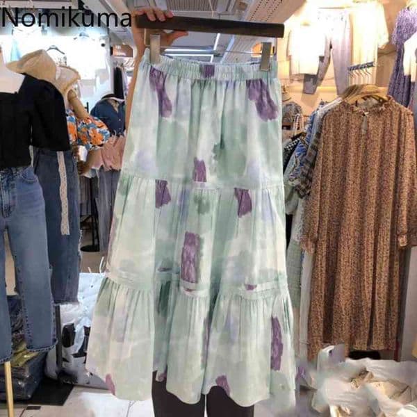 Nomikuma Summer New High Waisted Woman Skirts Korean Printing Patchwork Ruffle A-line Skirt Causal Faldas Mujer Moda 6H385 210427