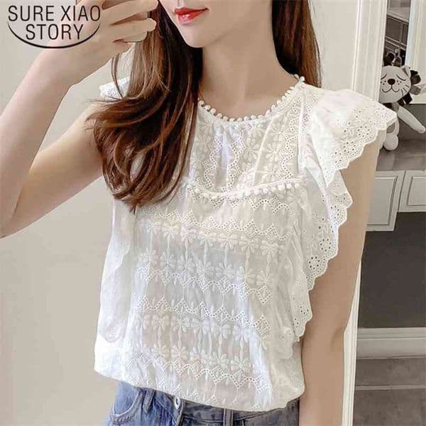 Elegant Tops Fashion Summer Women Lace shirt Sweet Style Sleeveless O-neck Blouse Plus Size 5087 50 210506