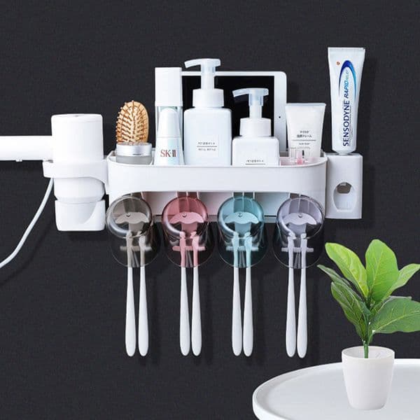 Automatic Toothpaste Dispenser Squeezer Toothbrush Holder Makeup Storage Rack Hair Dryer Shelf Bathroom Cosmetic Organizer 210322