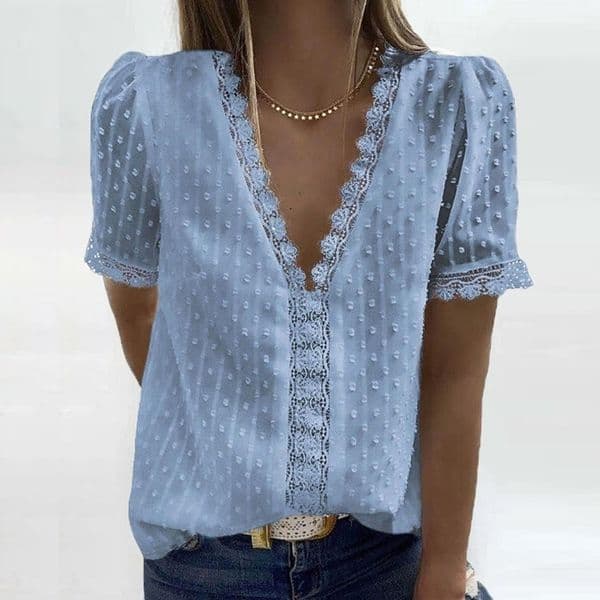 3XL Sexy V-Neck Lace Shirt Blouse Spring Summer Short Sleeve Ladies Shirt Casual Women Solid Pullover Tops Blusa Streetwear 210317
