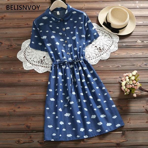 Ulzzang Mori Girl Summer Women Blue Dresses Cloud Pattern Printed Short Sleeve Vintage Vestidos Japanese Cute Kawaii Female Dres 210520