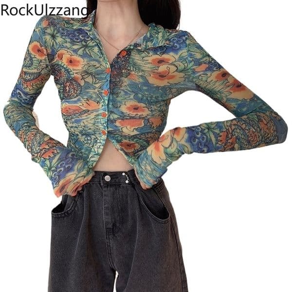 Women Slim Short Long Sleeve Dragon Flower Graffiti Printed Button Blouse Korean Autumn Crop Top Bandage Harajuku Sexy Tee Shirt 210317