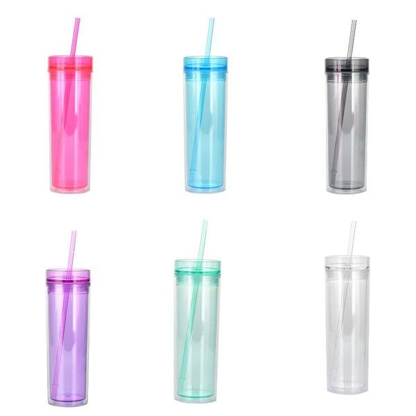 16oz Skinny Tumbler With Lid Acrylic Blank Straw Cup Tall Coffee Mug Plastic Water Bottles T500507