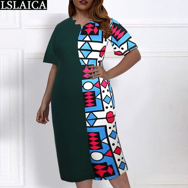 Dress Women Summer Fashion Short Sleeve Patchwork Print Elasticity Female Midi Plus Size Casual Womens Clothing Vestido 210520