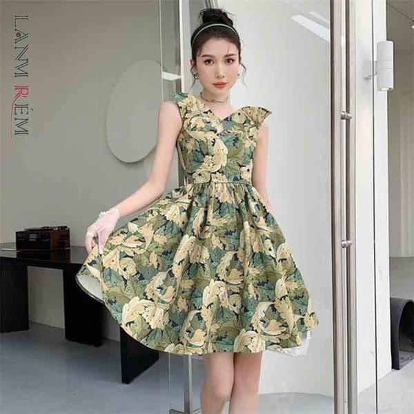 Women Dress Floral Print High Waist Slim Sleeveless Dresses Temperament Loose Fit Fashion Summer 2H873 210526