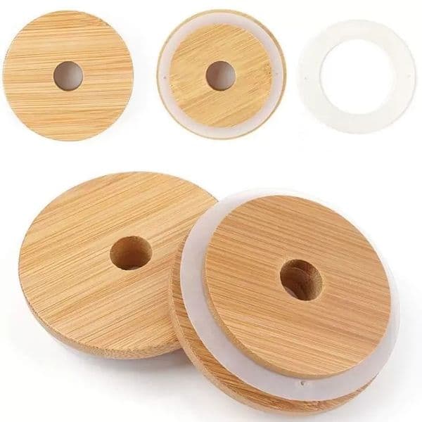 Bamboo Glass Cup Lids 70Mm 88Mm Reusable Wooden With Straw Hole And Silicone Seal DHL Free Delivery B2
