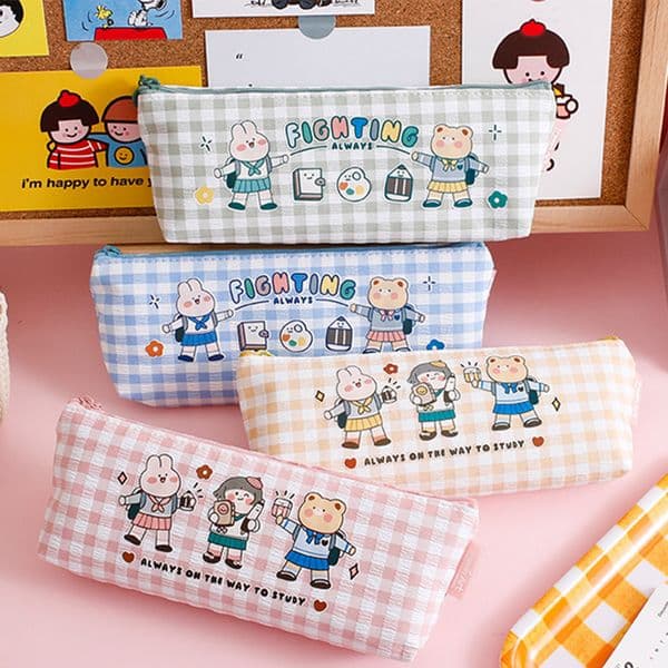 Cute Large Capacity Plaid Polyester Stationery Storage Bag Organizer Pencil Case Cartoon Pen Cosmetic Bags Students Gift School Office Supplies HY0105