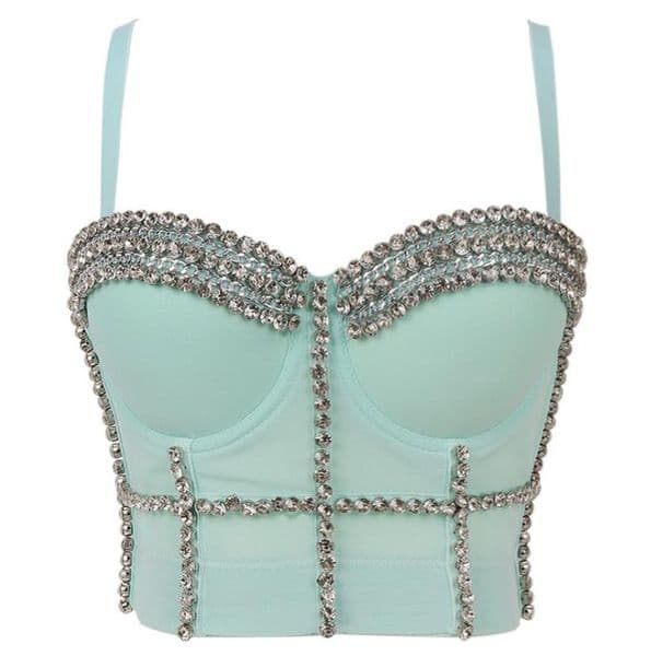 Women's Rhinestone Diamond Push up Bustier Crop Top Camis Clubwear Sexy Punk Beaded Corset Bra Tank Detachable Sashes