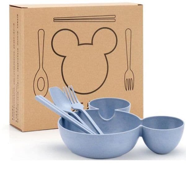 2021 Natural Wheat Straw Bowl Baby Cartoon Tableware Set Toddler Kids Dinner Feeding Food Plate Children Training Bowl Spoon Fork
