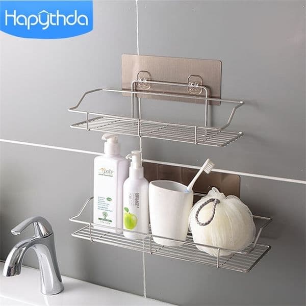 Hapythda Stainless Steel Bathroom Storage Shelf Shower Organizer Basket Punch-Free Kitchen Wall Hanging Rack 211112