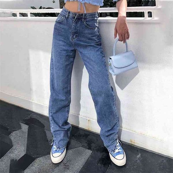 New Straight Leg Jeans Women High Waist Boyfriend Fit Baggy Jean Split Foot Cargo Pants Washed Loose Classic Long Trouser 210322