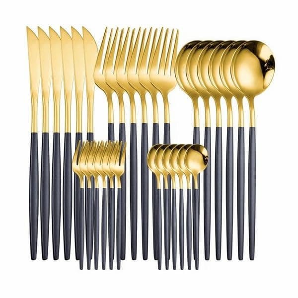 30Pcs/set Cutlery Stainless Steel Dinner Black Gold Dinnerware Set Knife Fork Spoon Cutlery Set Kitchen Tableware Silverware Set 210317