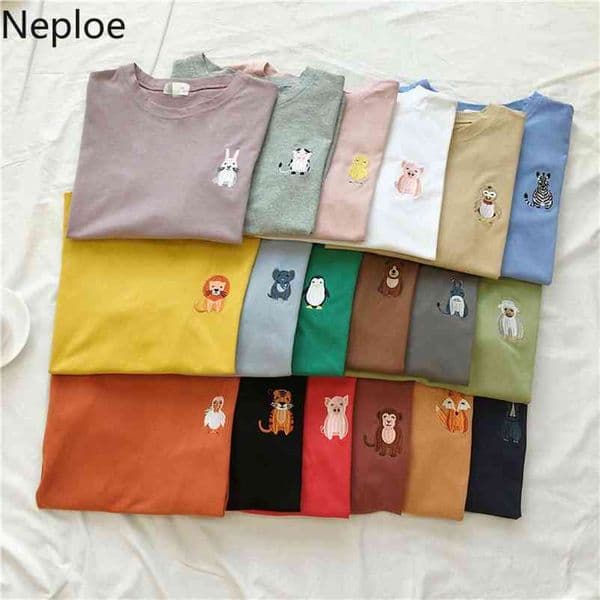Ins Loose Bf Style Anmail Pattern T Shirt O Neck Pullover Short Sleeve Tees Korean Mutlicolor S-2xl Cutton Ladies Top 210422