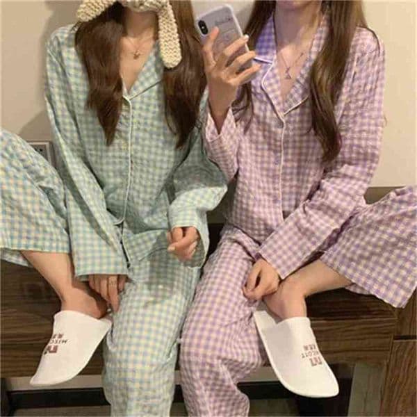 Pajama CAIYIER Green Grid Set Women Korean Style Loose Leisure Sleepwear Elastic Waist Pant Nightwear Spring Winter Home Clothin 210809 Y260603
