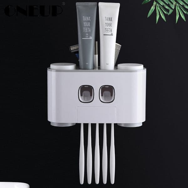 ONEUP Automatic Toothpaste Dispenser Dust-proof Toothbrush Holder With Cups No Nail Wall Stand Shelf Bathroom Accessories Sets 210322