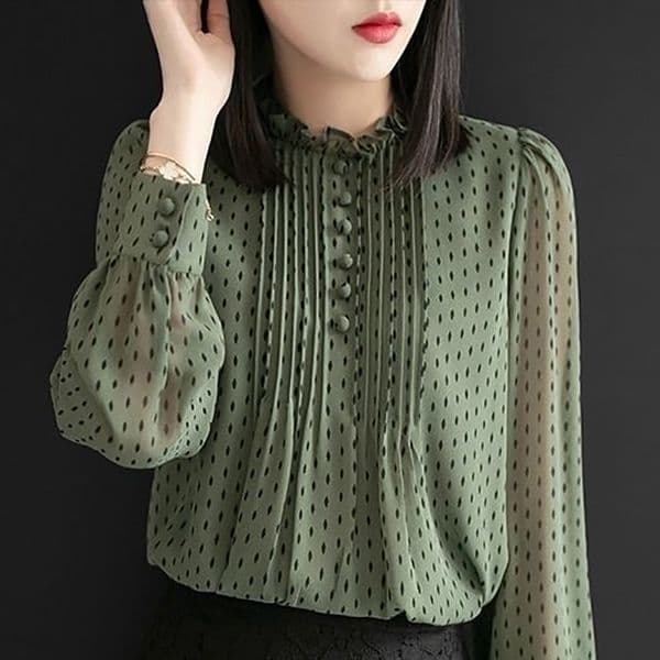 Women Spring Autumn Style Chiffon Blouses Shirts Lady Casual Long Sleeve O-Neck Polka Dot Printed Chiffon Blusas Tops DD8879 210317