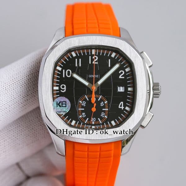 New 42.2mm Watch 5968A-001 Cal.CH 28-520 C Chronograph Black Textured Dial Automatic Mens Watch 5968 Gents Sports Watches Orange Rubber Strap