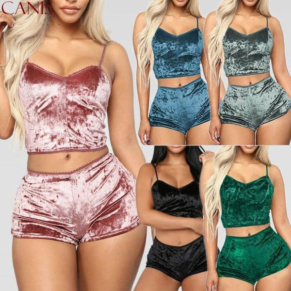 Women's Sleepwear Sexy Womens 2Pcs Lingerie Velvet V Neck Pajamas Set Chemise Shorts Nightwear Plus Size