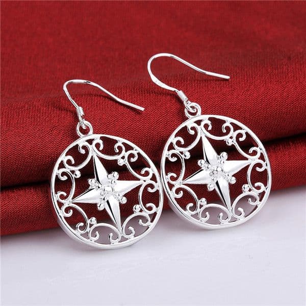 Brand new sterling silver Earrings carved round DFMSE571,women's 925 silver Dangle Chandelier wedding gemstone earrings factory direct