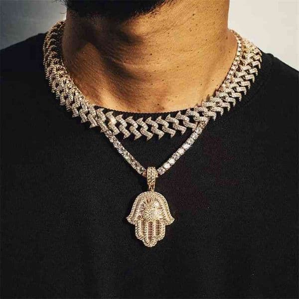 Gold color hip hop iced out bling men boy jewelry hiphop rock Punk ice baguette cz hamsa hand fatima's hand pendant necklace 201013
