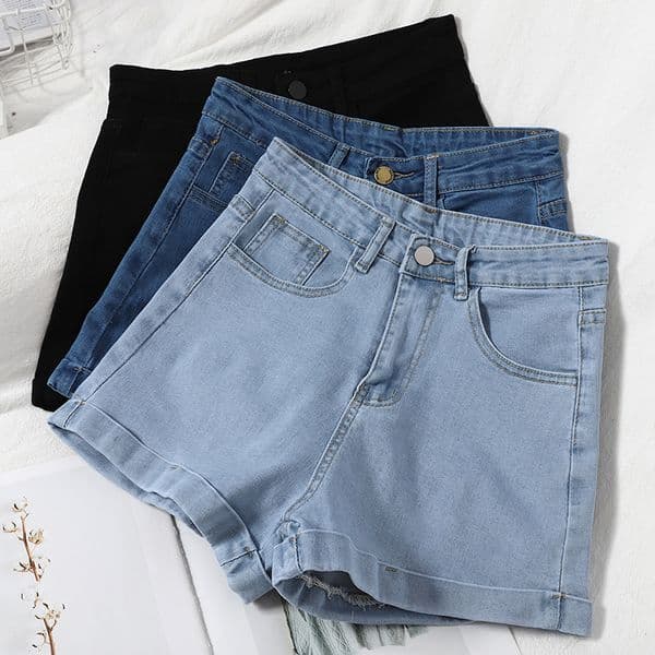 Fashion elastic curling denim shorts for women wild wide-leg Casual Shorts Korean high-waist straight-leg female jeans 210420 W260416