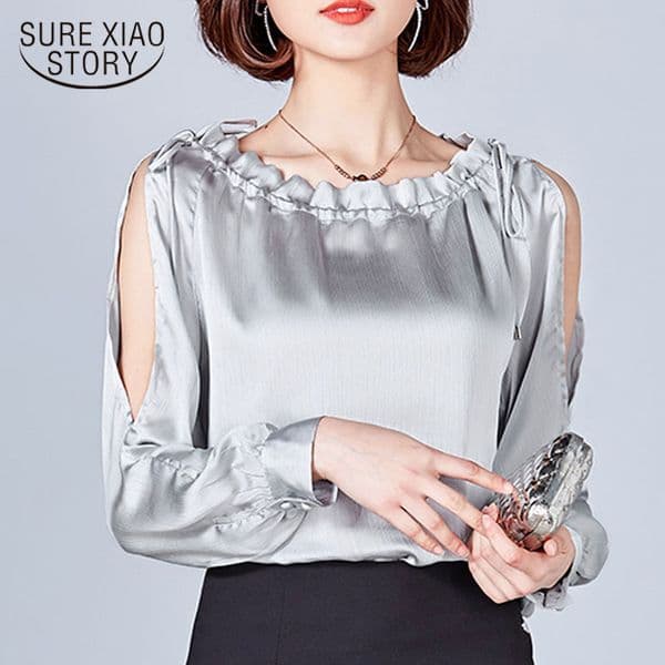 Blouses Spring Beading Solid Slash Neck Chiffon OL Puff Women Long Sleeve Shirts Ladies Tops Plus Size 8237 50 210415