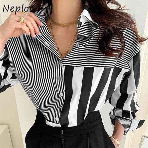Fashion Striped Hit Color Patch Blouse Women Turn Down Collar Long Sleeve Single Breast Blusas Spring Ol Shirt 210422Z