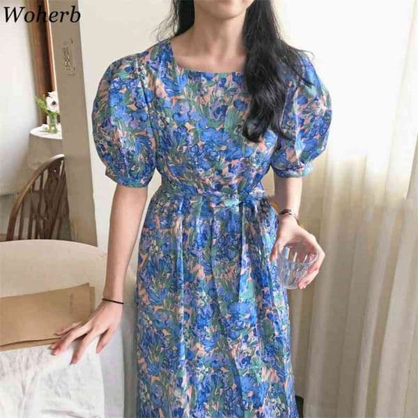 Summer Elegant Long Floral Dress Women Short Puff Sleeve Square Collar Sweet Casual Dresses Korean Robe Femme 210519