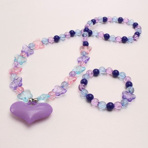 Girls Elastic Beads Necklace Bracelets Cute Heart Pendant Beaded Jewelry Set Fashion Design For Kids Gifts