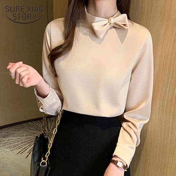 Plus Size Pullover Ladies Tops Autumn Bow Chiffon Long-Sleeve Shirt Casual Solid Beading Women Blouse Blusas 10495 210415