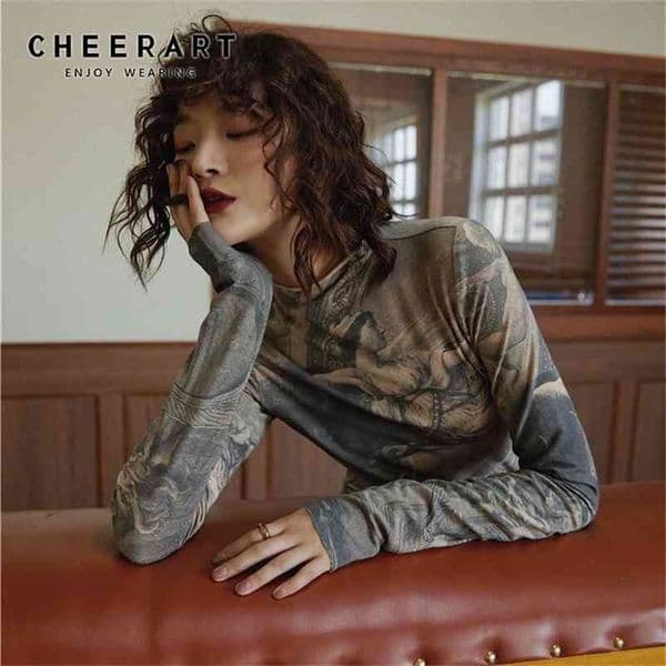 Renaissance Print Vintage Top Turtleneck Long Sleeve Blouse Women Spandex Bodycon Ladies Tops Clothes 210427