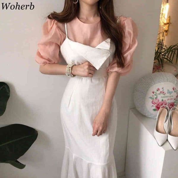 Femme Roupas Ruffles Maxi Dreeses Irregular Vestidos Elegant Puff Sleeve Shirt Korean Suit Two Piece Set Women 210422