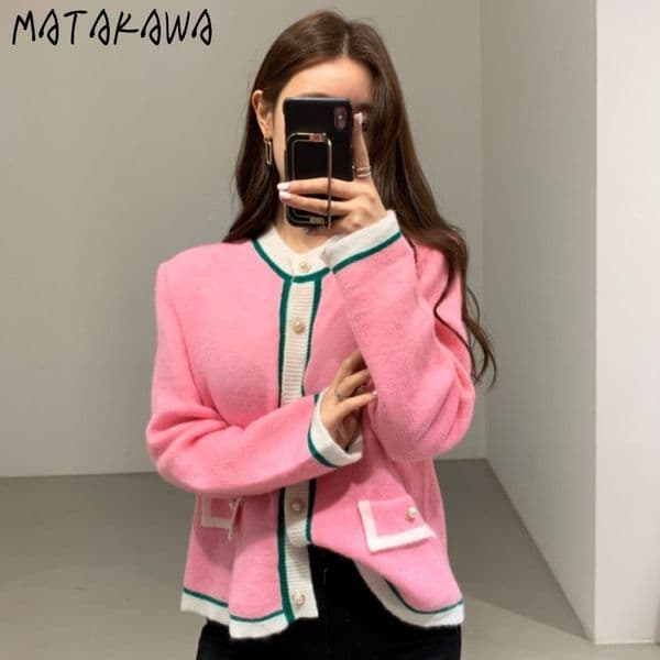 MATAKAWA Fashion Loose Temperament Contrast Women's Sweater Autumn Winter Korean Round Neck Knitted Cardigan Coat 210513