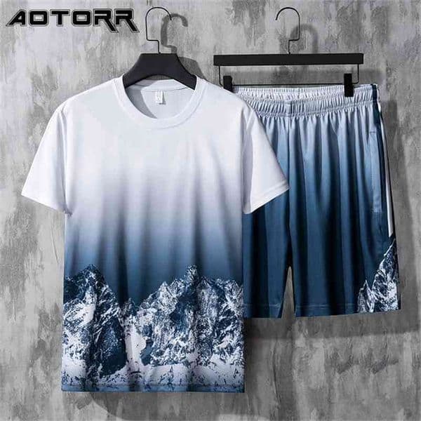 Casual Set Men Summer Gradient Sportswear Fashion Print T-shirt Shorts 2 Piece Sports Sets Mens Tracksuit Clothing 210806