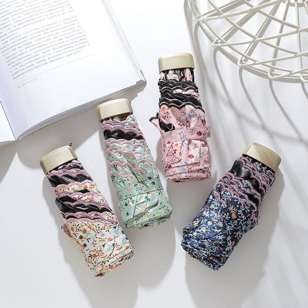 Floral Embroidery Compact Portable Rain Umbrella Women UV Protection Pocket Five Fold Mini Summer Umbrellas